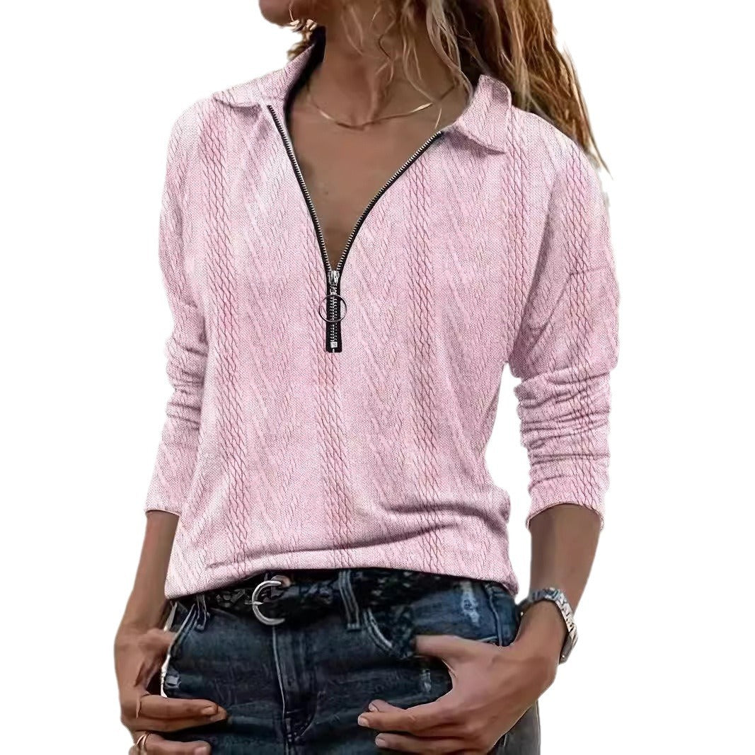 Lapel Solid Color Texture Series Zipper Women's Top