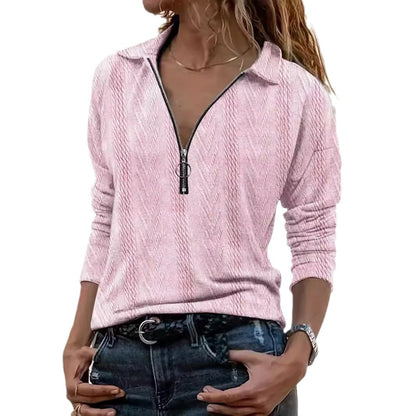 Lapel Solid Color Texture Series Zipper Women's Top