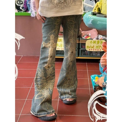 Women's Plus Size Washed Old Tattoo Slightly Flared Jeans