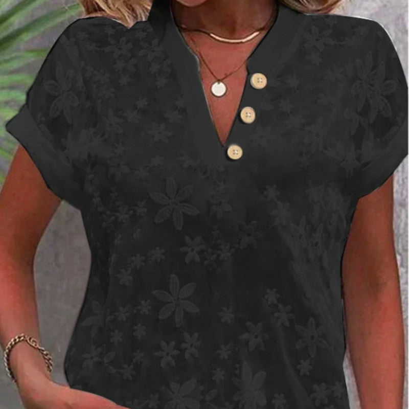Women's Embroidered V-neck Short Sleeve Button Shirt