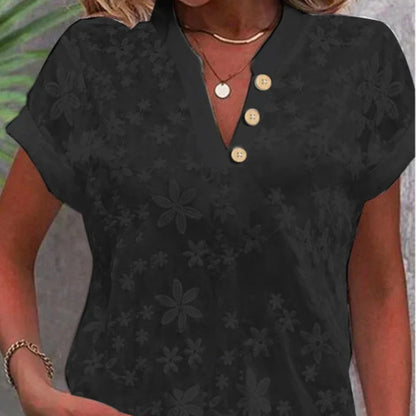 Women's Embroidered V-neck Short Sleeve Button Shirt
