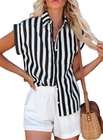 Short Sleeve Striped Women's Loose Single Breasted Shirt