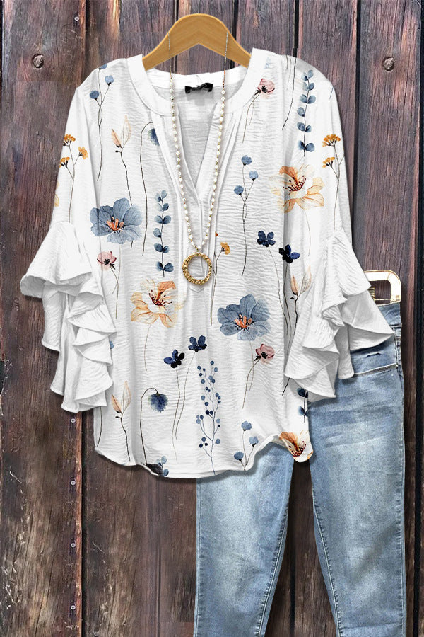 Women's V-neck Fashion Lotus Sleeve T-shirt