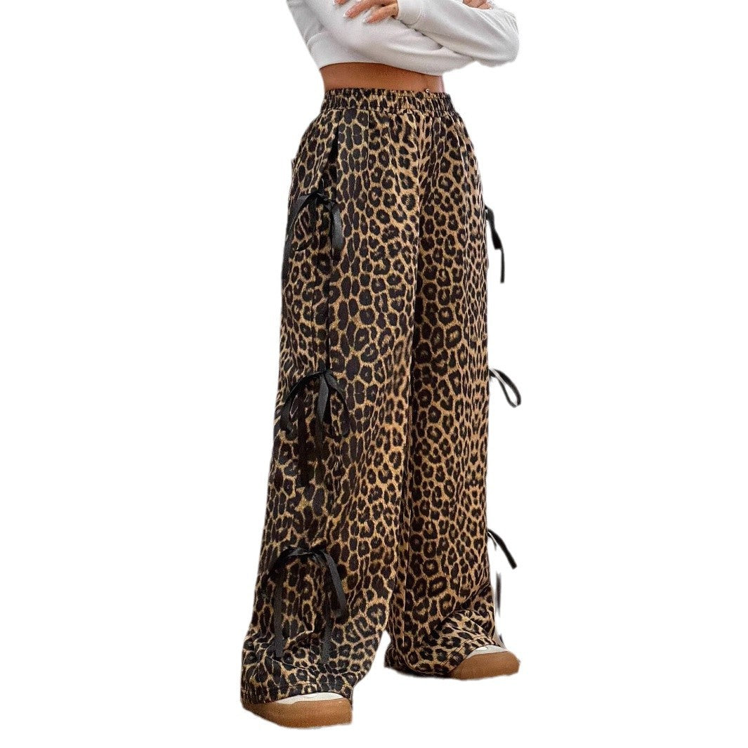 Elastic Waist Solid Color Bow Lace Up Casual Straight-leg Pants