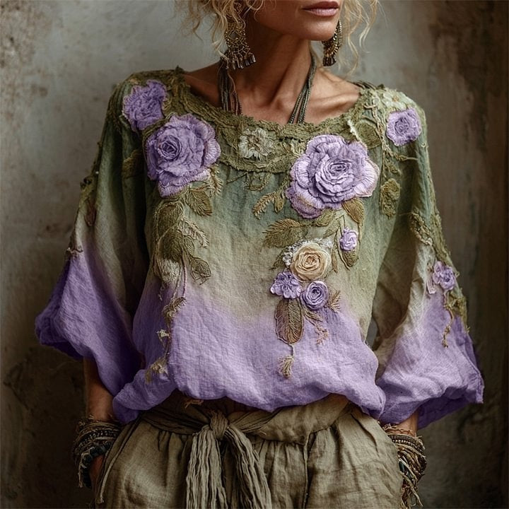 Printed Women's Round Neck Long Sleeve Vintage Bohemian Top