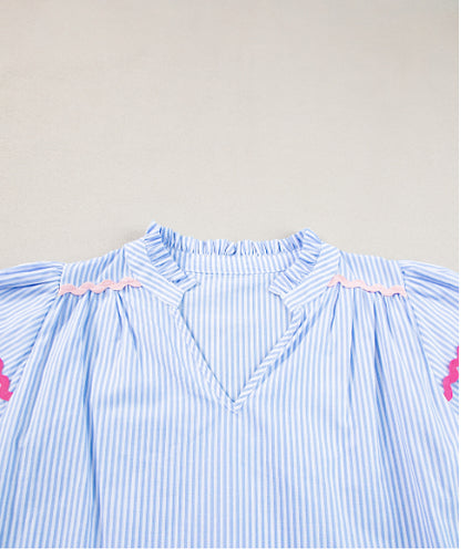 Sky Blue Stripe Ricrac Trim Split Neck Striped Ruffled Sleeve Blouse