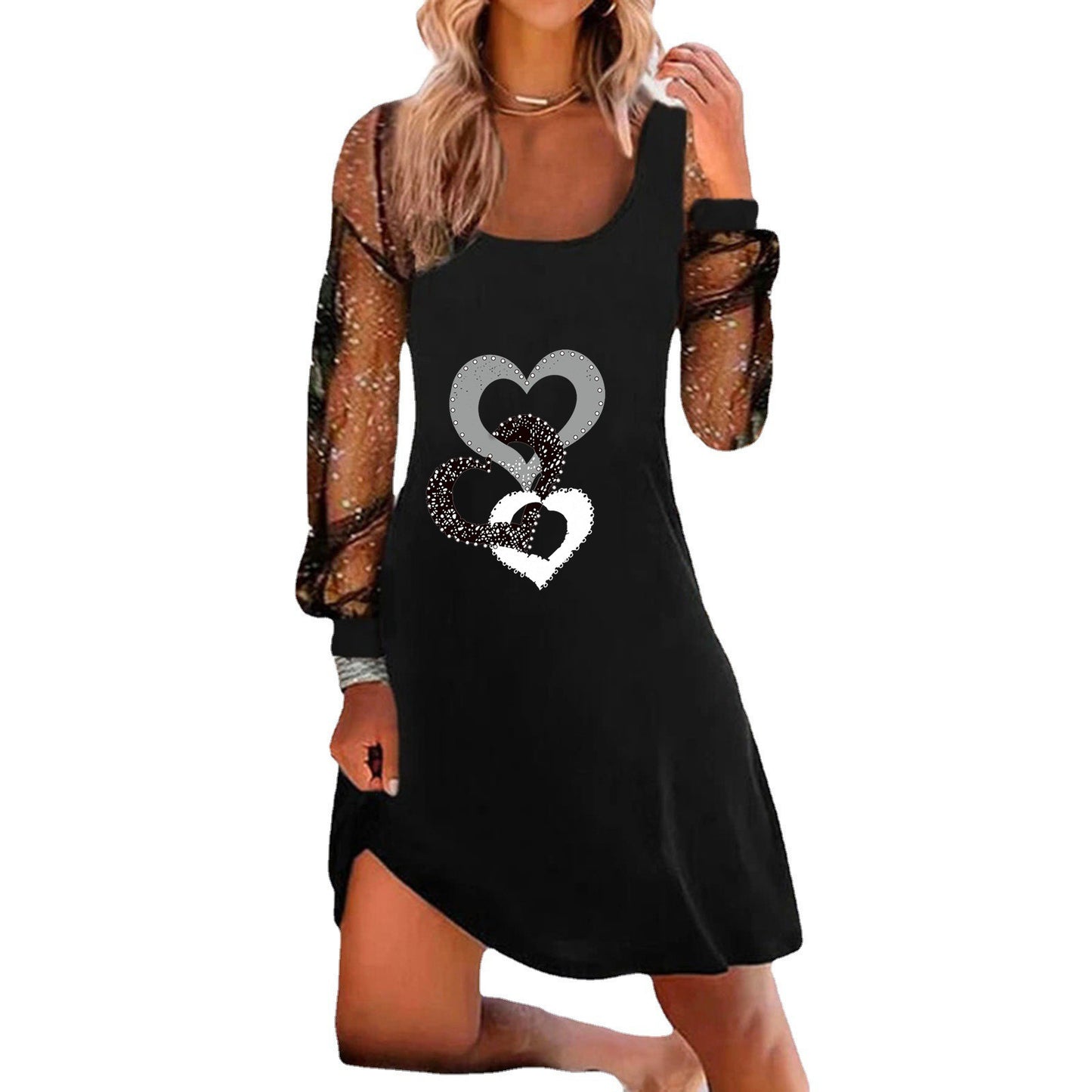 Ladies Fashion Printed Mesh Panel Dress