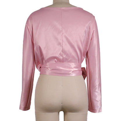 Fashion Women's Wear Solid Color Sexy V-neck Slim Fit Tied Top