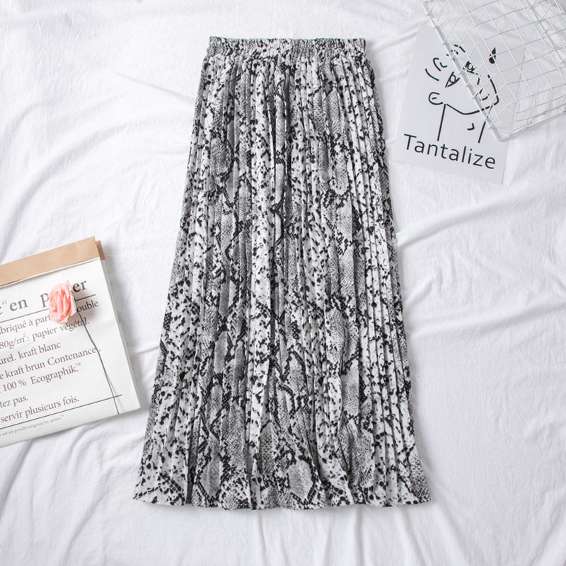 European And American Snake Print Pleated Skirt With High Waist And Slimming