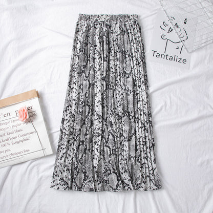 European And American Snake Print Pleated Skirt With High Waist And Slimming