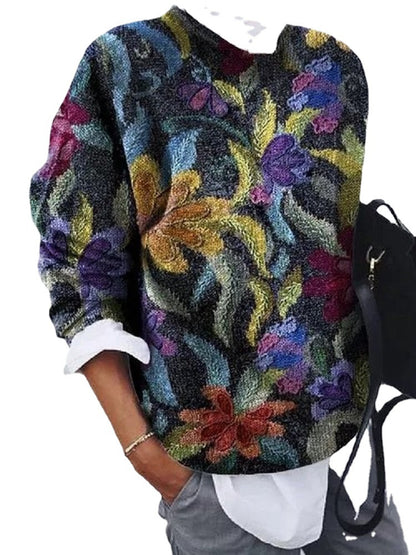 Women's Fashion Wearing Flower Print Loose Long Sleeve Top