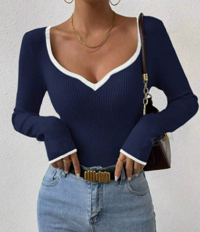 V-neck Striped Contrast Color Loose Plus Size Women's