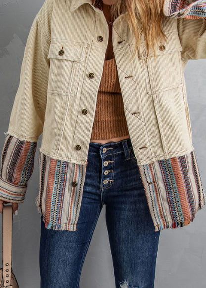 Button Up Pockets Striped Color Block Corduroy Jacket