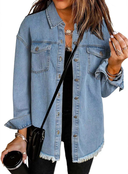 Washed Denim Shirt Women's Personalized Street Style Frayed Hem Coat