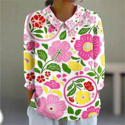 Ladies Flower Fashion Personality Polo Collar Top