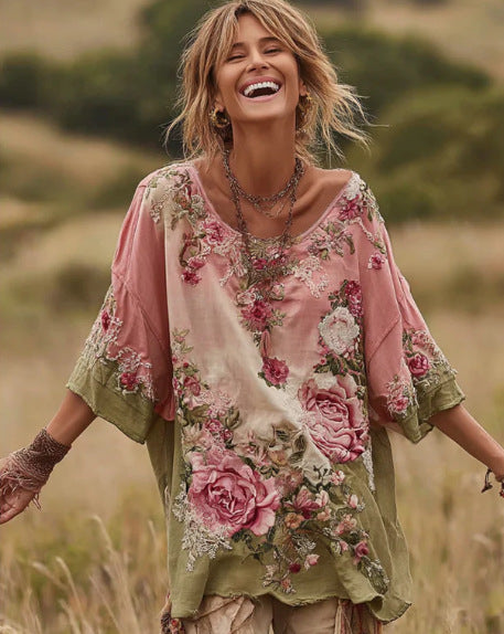 Printed Women's Round Neck Long Sleeve Vintage Bohemian Top