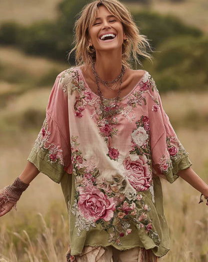 Printed Women's Round Neck Long Sleeve Vintage Bohemian Top