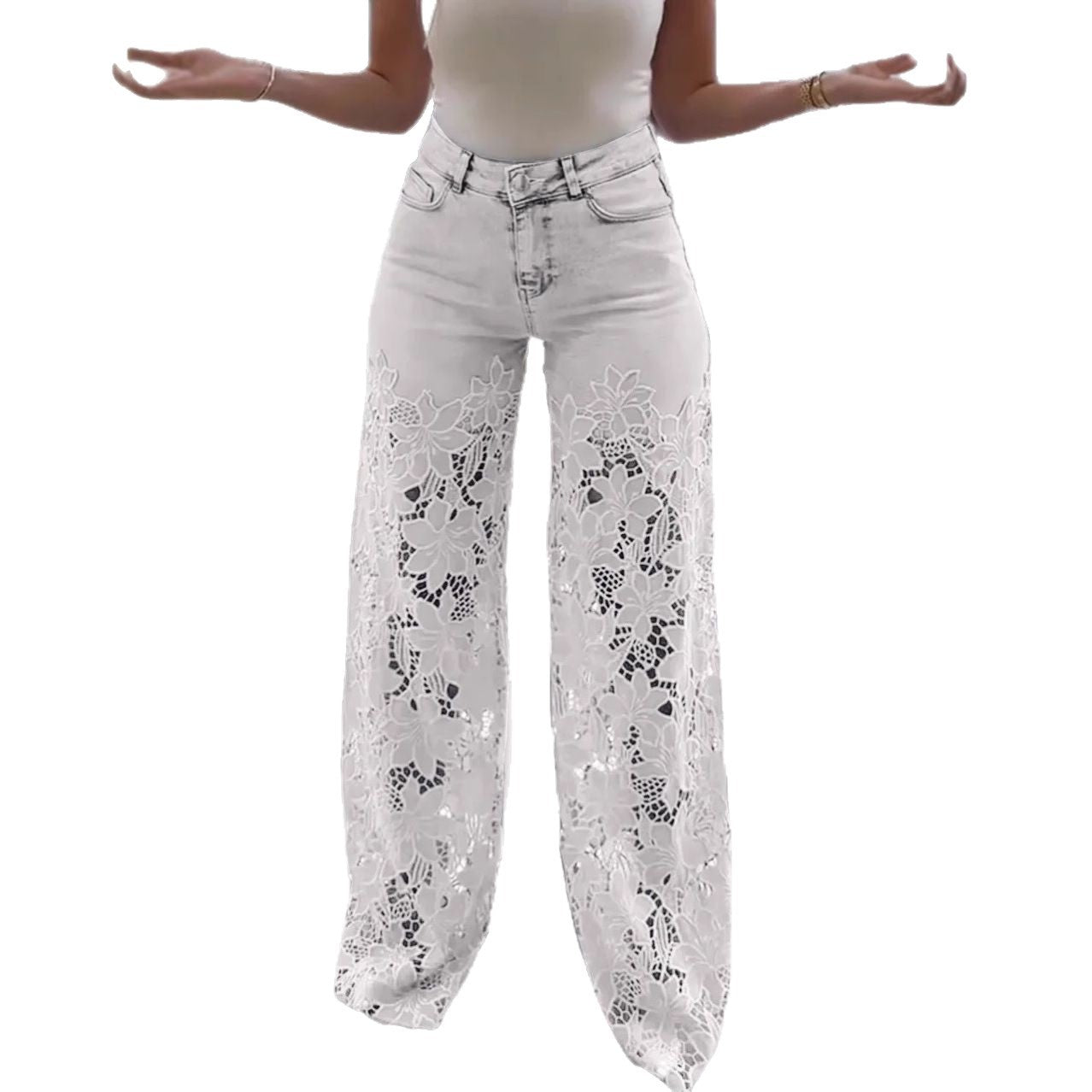 Fashionable Patchwork Denim Jeans For Women With Hollowed-Out Lace Details