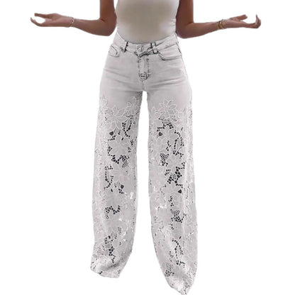 Fashionable Patchwork Denim Jeans For Women With Hollowed-Out Lace Details