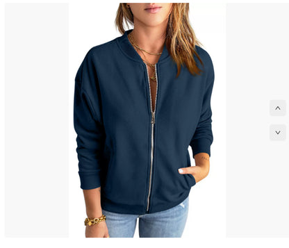 Women's Solid Color Zipper Jacket Coat Fashion Casual Cardigan Long Sleeve Stadiumjumper