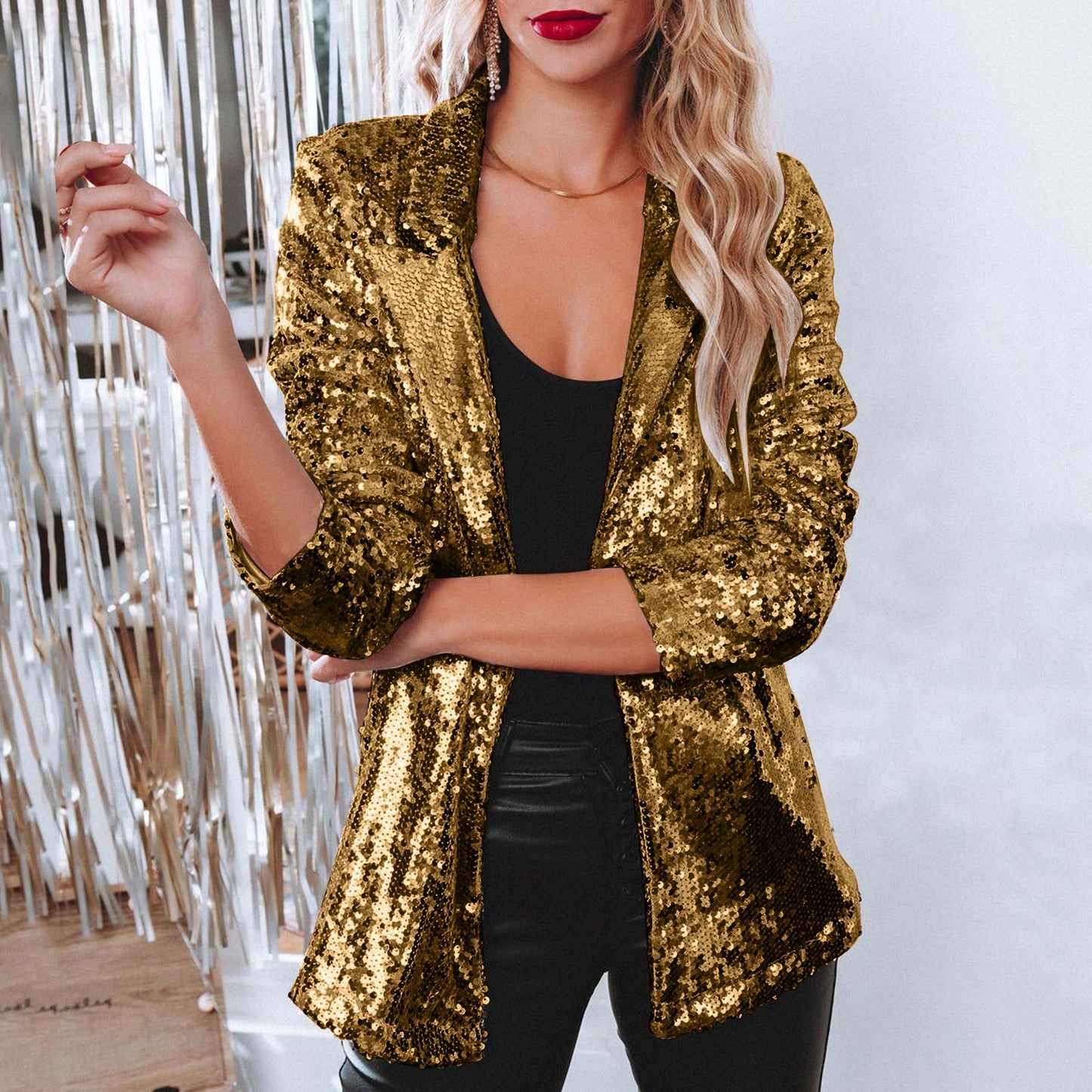 Lapel Long Sleeve Sequined Casual Suit Jacket Women