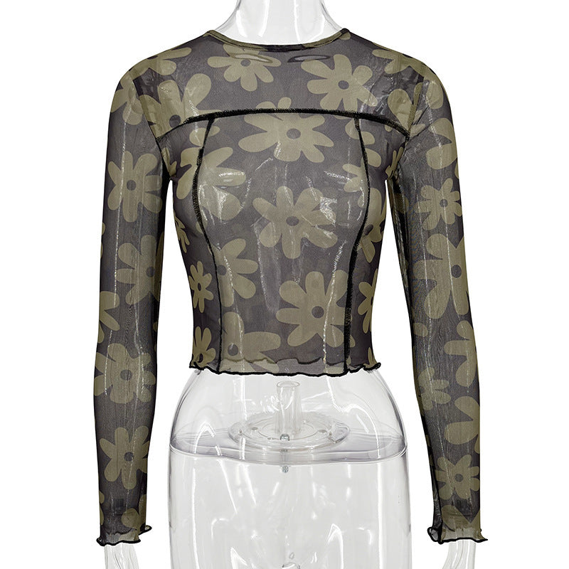 Women's Fashion Round Neck Slim-fitting Patchwork Printed Long Sleeve