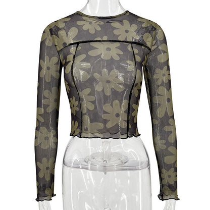 Women's Fashion Round Neck Slim-fitting Patchwork Printed Long Sleeve