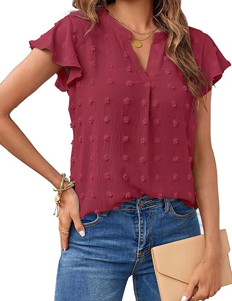Women's Fashion V-neck Ruffle Sleeve Chiffon Shirt Short Sleeve