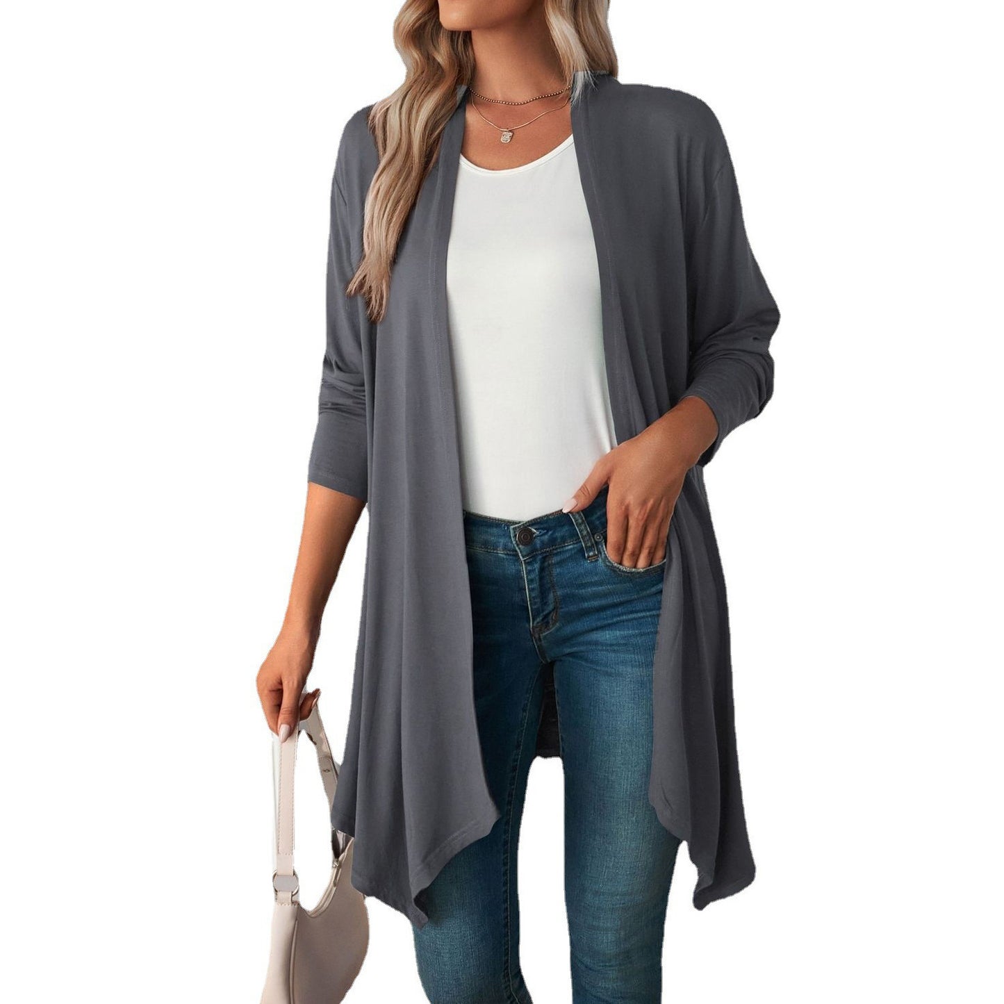 Solid Color Long Sleeve Cardigan Jacket Long Shirt Women
