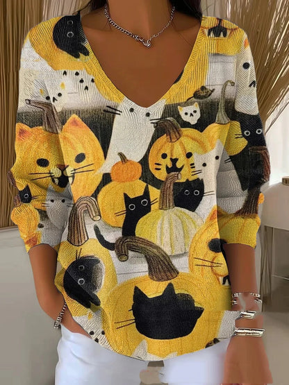 Women's 3D Printed Fashionable Gradient Color V-neck Long-sleeved T-shirt