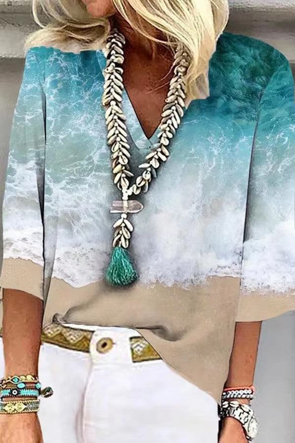 Women's Fashion Loose V-neck Print Loose Shirt