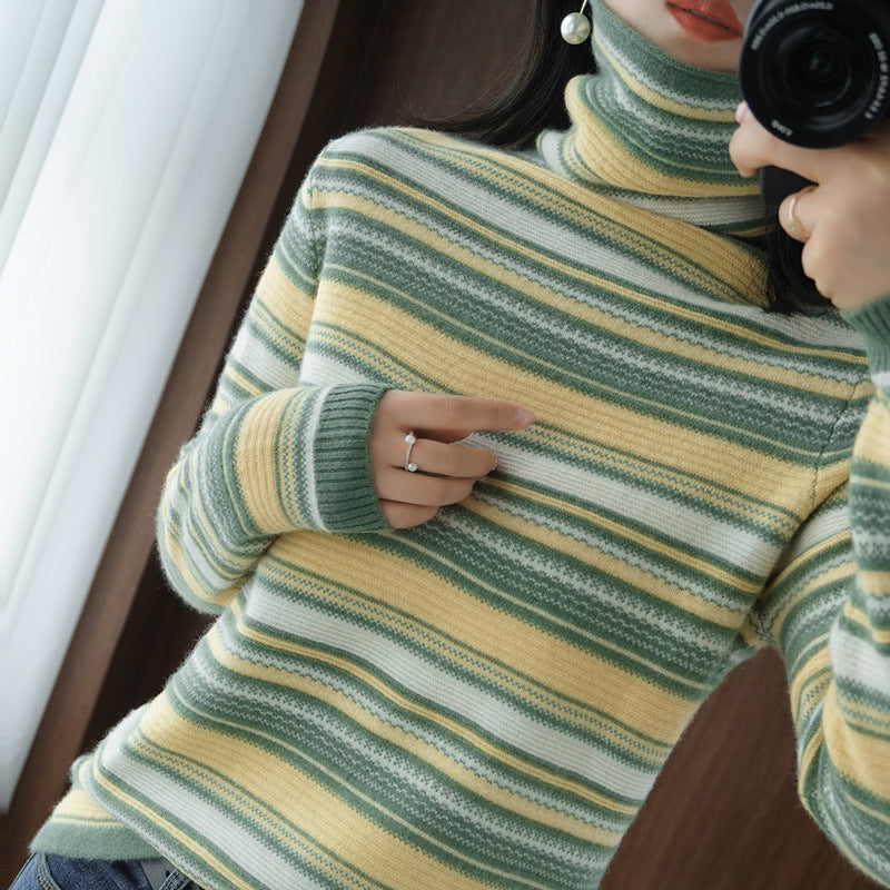 Turtleneck Women's Knitted Sweater Wool Striped Long Sleeves