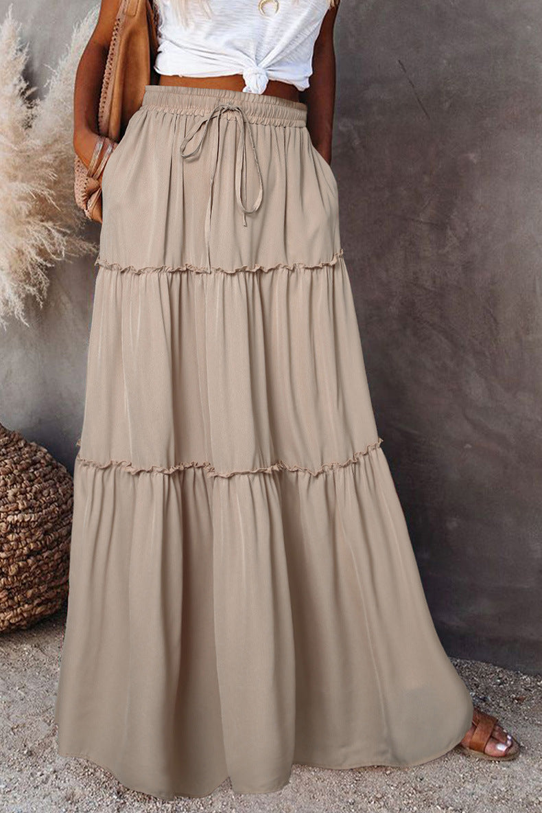 Women's Layered High Waist Elastic Lace-up Skirt With Wooden Ears