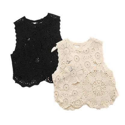Women's Round Neck Slim Fit Pullover Sleeveless Lace Shirt