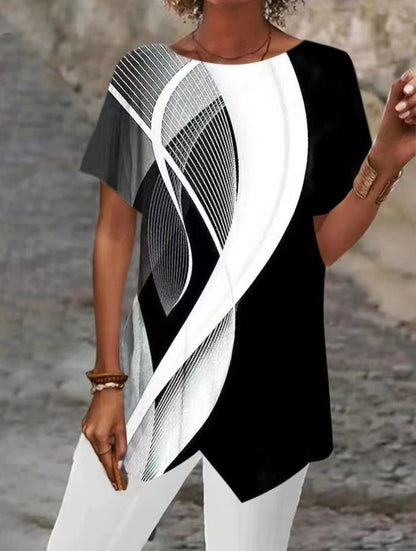 Geometric Printed Loose Short Sleeve Irregular Hem T-shirt