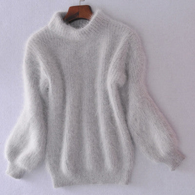 Faux Mink Half High Neck Loose Solid Color Sweater