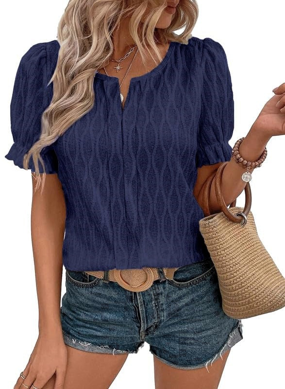V-neck T-shirt Puff Sleeve Jacquard Women's Clothing