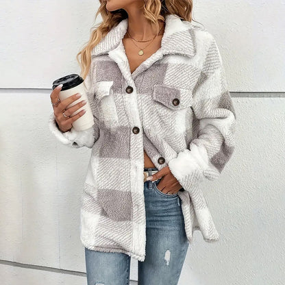 Plush Plaid Women's Autumn And Winter Open Button Lapel Thermal Plaid Pattern Jacket