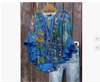 Women's V-neck Fashion Lotus Sleeve T-shirt