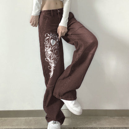 Loose Trousers Low-rise Pleated Heart-print Washed Jeans