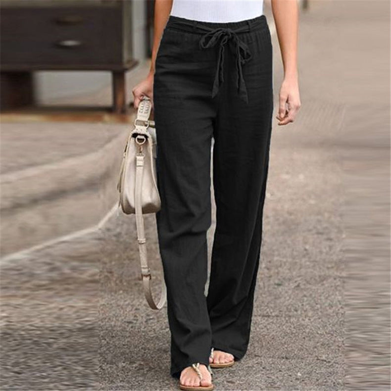 European And American Cotton And Linen Casual Wide-leg Pure Color Elastic Waist Lace-up Loose Women's Trousers